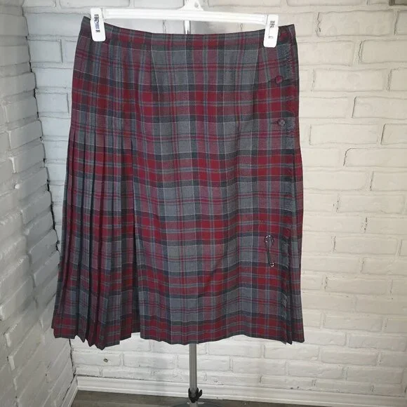 Aljean Canada Ladies Grey & Burgundy Plaid 100% Virgin Wool Vintage Kilt / Skirt - Picture 1 of 10